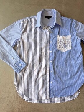DKNY / Lace Pocket Striped Button Down Shirt / Blue White